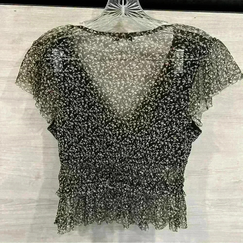 American Eagle Outfitters Women's Black Pink Flowers Ruffles Sheer Top XS - Picture 3 of 6